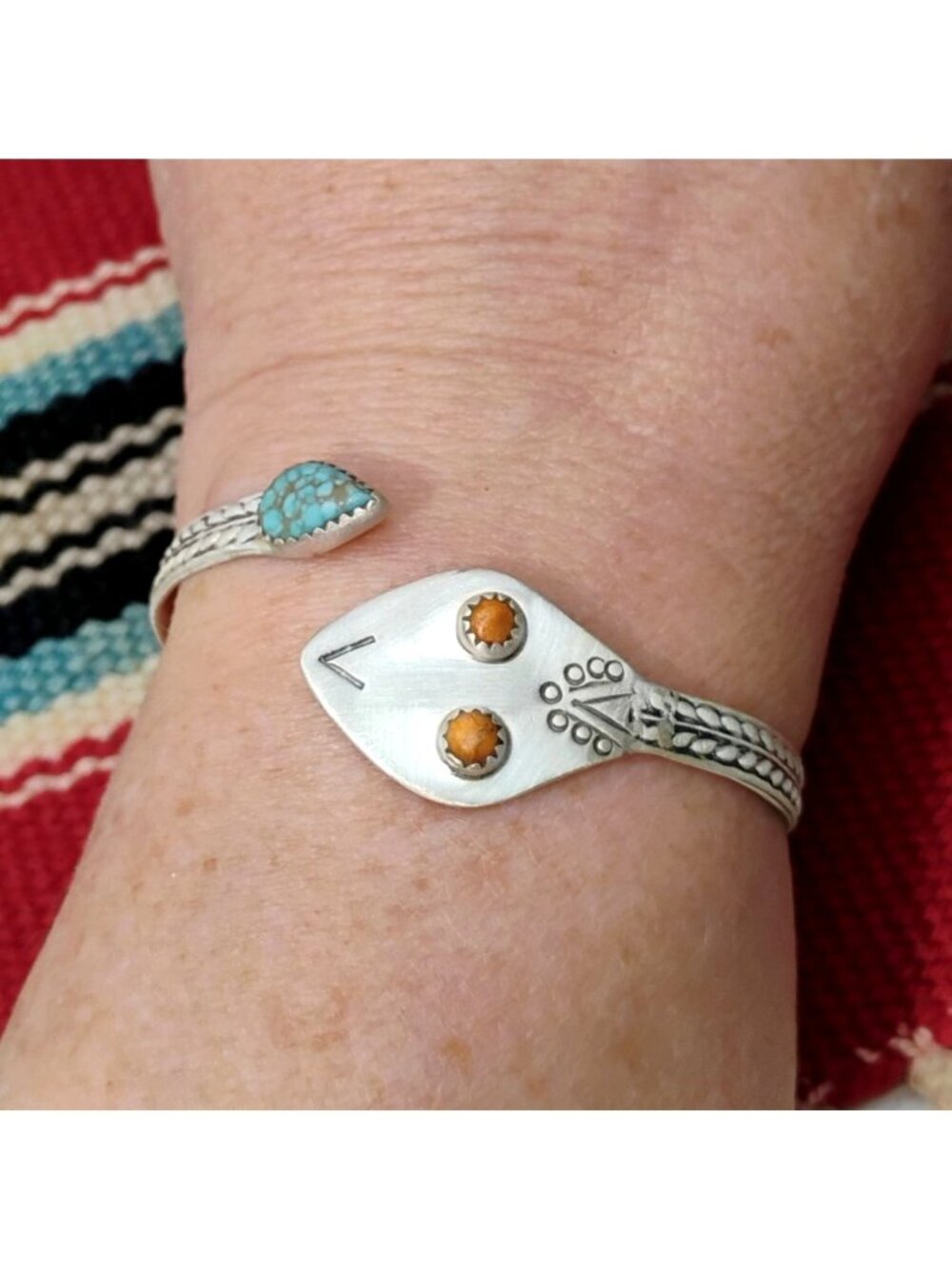 Hand Stamped Southwest Sterling Silver Rattlesnake Cuff Bracelet Coral Turquoise